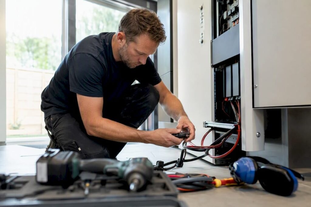 Een installateur sluit de kabels van de thuisbatterij aan.