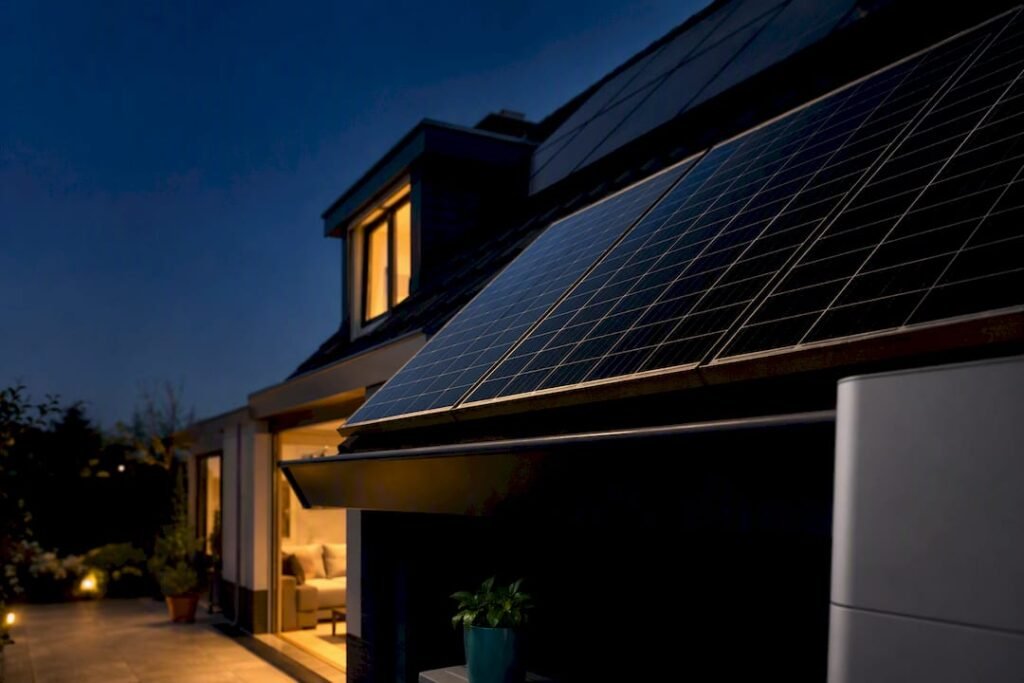 Zonnepanelen met deels zichtbare thuisbatterij