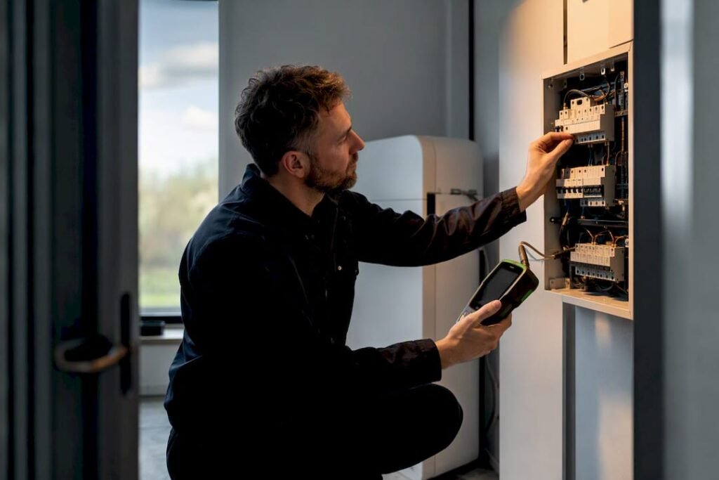 Monteur controleert de elektrische beveiliging thuis