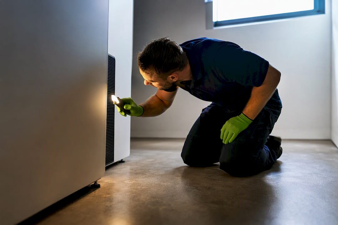 Monteur controleert de ruimte rond de thuisbatterij